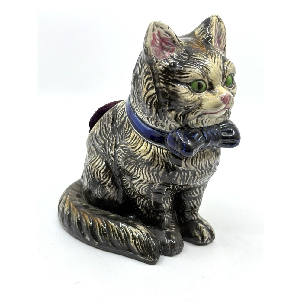 Vintage 7" MCM Cat Push Pin Sewing Blue Bow Tie - Japan Statue